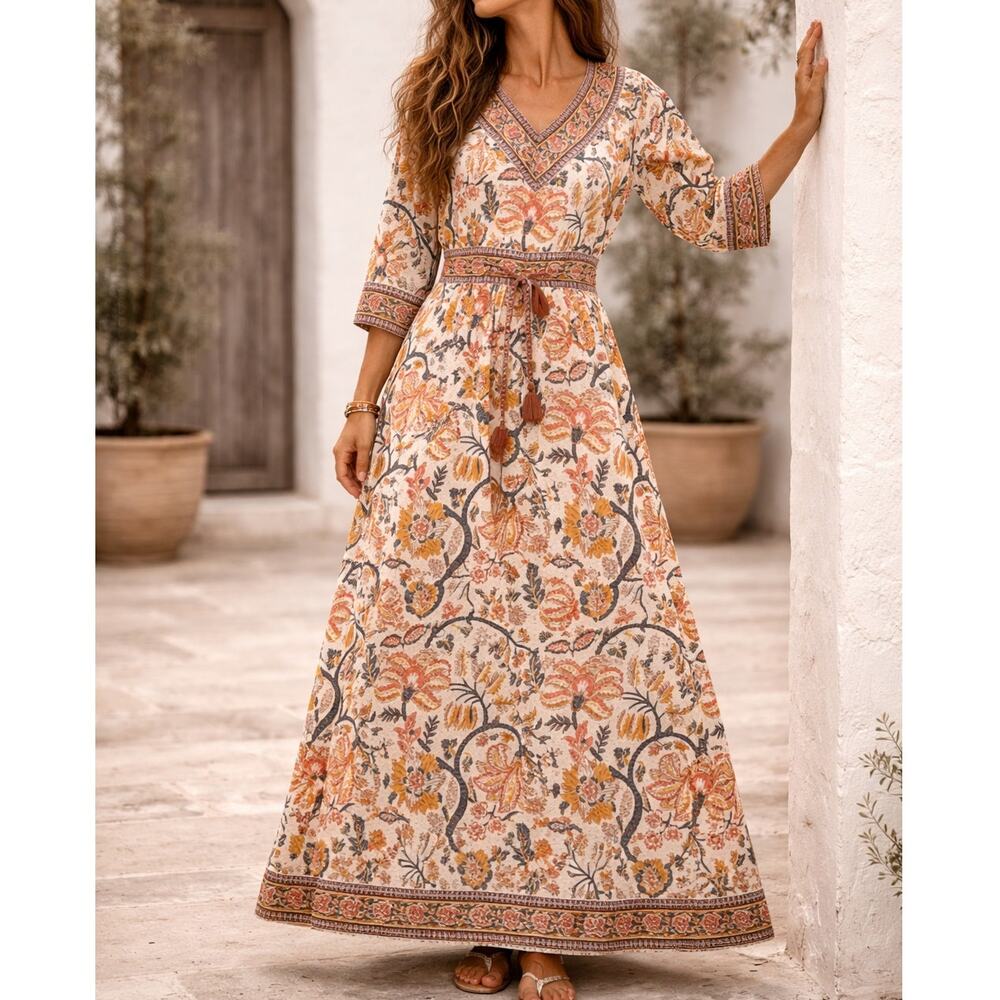 NEW Pax Philomena Cotton Floral Maxi Dress Tie Waist Tassel Cottage NWT